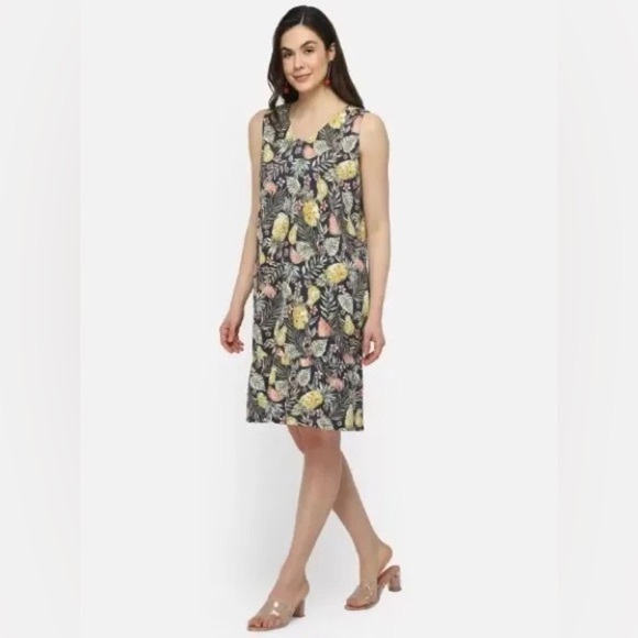NEW J Jill Dress Multicolor Flounced Hem Double V-neck Knit Pineapple Tropical - Picture 1 of 5